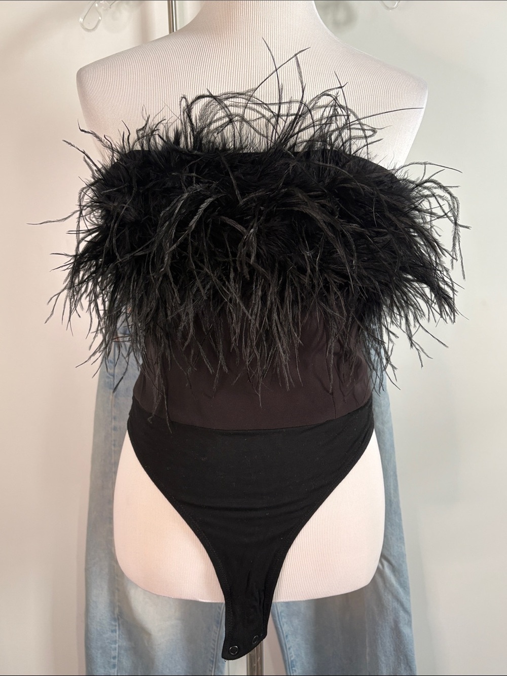 Bardot Black Feather Trim Strapless Bodysuit 6/S